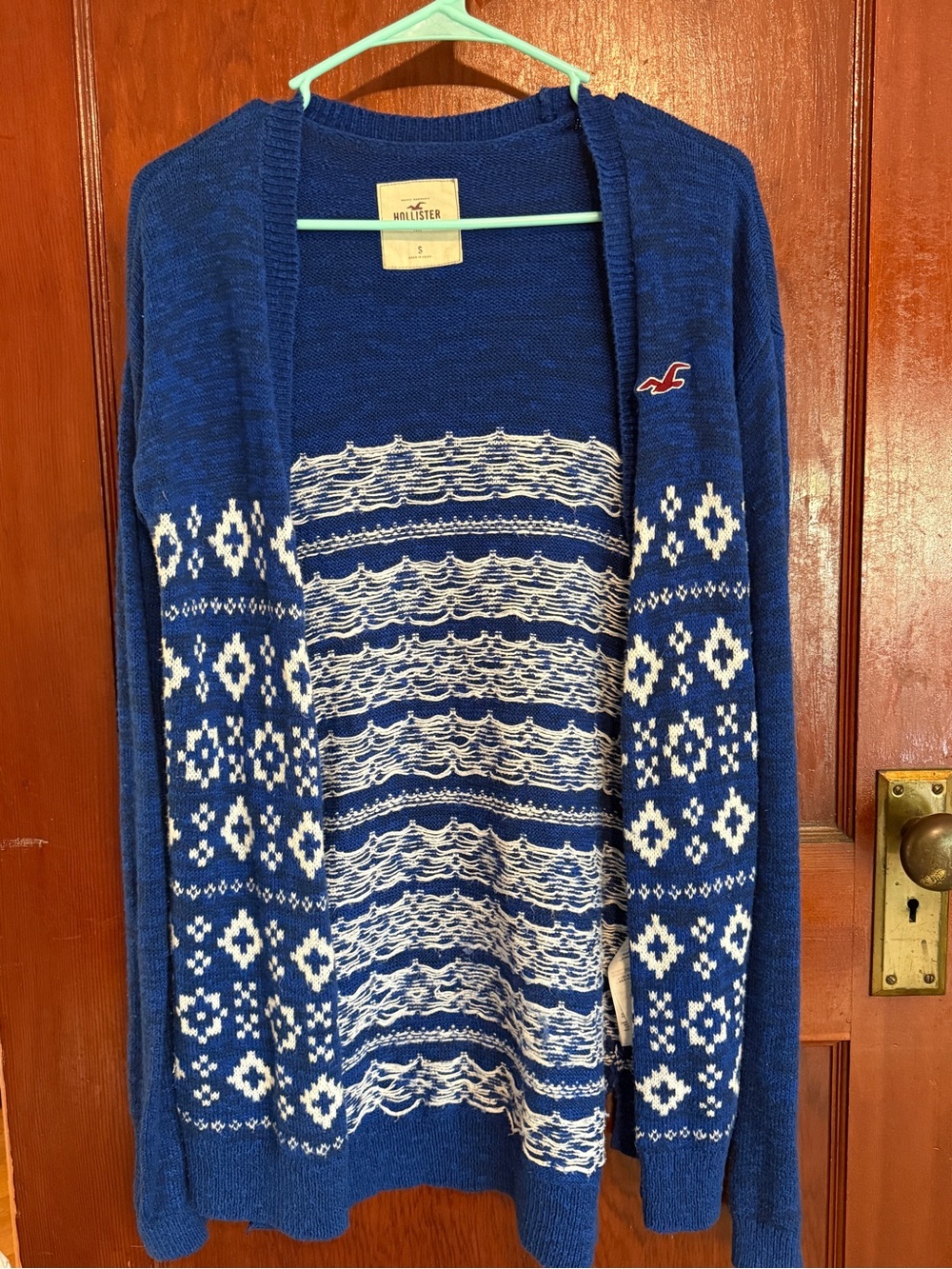 Hollister Blue Open-Front Fair Isle Cardigan with White Pattern